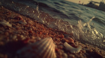 Sandy beach close-up with waves, shells, and sunlight. Ocean shore with calm water. Golden hour scenery