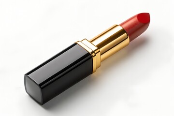 Elegant Red Lipstick In Black And Gold Tube On White Background Glamorous And Sophisticated Beauty Product Close Up, lipstick, red, beauty, makeup, cosmetics, glamour, elegant, gold, black, tube
