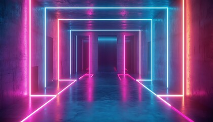 3D rendering of neon light in the dark room. Futuristic interior design.