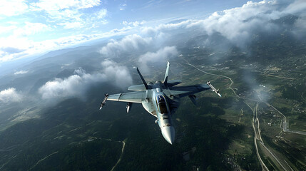 Naklejka premium Military Fighter Jet Above Mountainous Landscape
