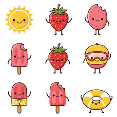 Cute cartoon summer icons featuring sun, fruits, and desserts in a playful arrangement
