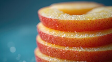 Stacked peach slices dusted with sugar. Close-up view of perfectly sliced fruit, showcasing vibrant colors and textures