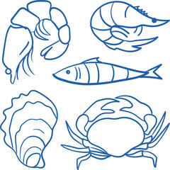Vector hand-drawn set of graphic line art sea creatures such as shrimp, oyster, crab and fish. Seafood illustrations