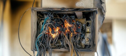 Burning fuse box showing short circuit causing fire hazard