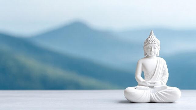 Buddha Statue Serene Mountainscape Minimalist Style High-Definition Soft Lighting Front Centered View Peaceful Pose Blurred Blue Background Calm Peaceful Tones Ideal for Meditation Ads