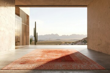 Modern desert house interior with large window showcasing expansive mountain view and an orange rug.