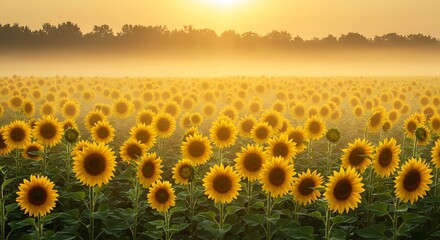 Fototapeta premium Sunrise Sunflower Field: Golden Hour Nature Photo