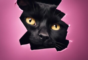 pets space naughty black paper peekaboo cat backgroud mischievous hole funny eyes pink animals through yellow looks ripped domestic copy empty kitten curious background eye animal adorable looking