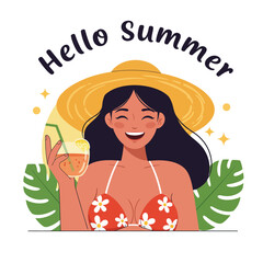 Cheerful woman enjoying summer with a cocktail and stylish hat surrounded by tropical leaves