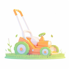 Colorful toy lawn mower on green grass with leaves, ideal for gardening themes and children's play.