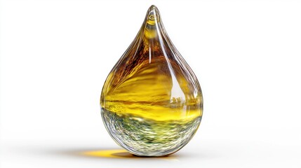 A teardrop-shaped, intricately colored glass object.  Its golden interior reveals swirling patterns and layered hues, suggesting depth and movement.  