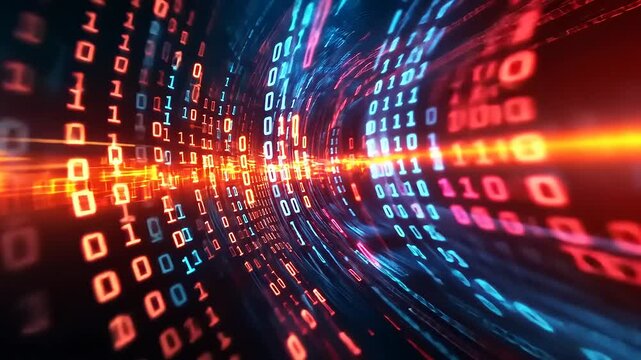 Dynamic binary code flow, glowing red and blue. Futuristic digital data stream on a dark backdrop