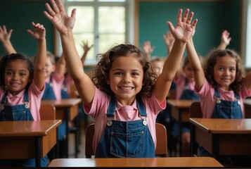 Happy diverse elementary school children raising their hands in class.