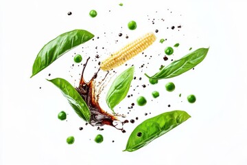 Corn, basil, and peas in splash on white background