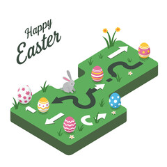 Easter bunny and colorful eggs on green landscape in flat vector art