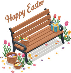 Obraz premium Easter-themed park bench with flowers and gifts in detailed vector illustration