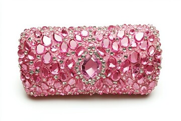 Pink jeweled clutch purse close up shot on white background