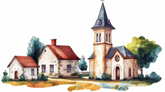 Small town church chape on isolate transparent background. Galaxy-Wrought. Illustration