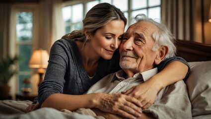 Daughter's Affectionate Embrace of Elderly Parent