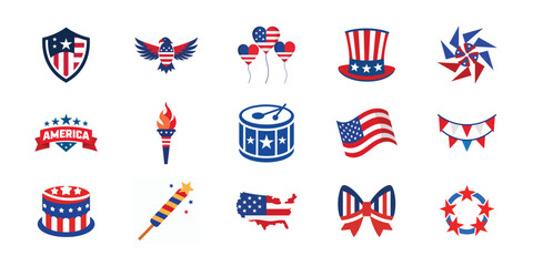 4th of July vector elements set. Collection of American Independence Day vector illustration on white background