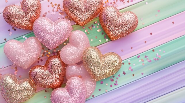 Cascading layers of blush pink and rose gold glitter hearts, flowing harmoniously on a multicolor striped background featuring pastel greens and purples. - Powered by Adobe