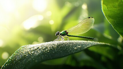   Dragonfly on a leaf, water droplets on wings, green background