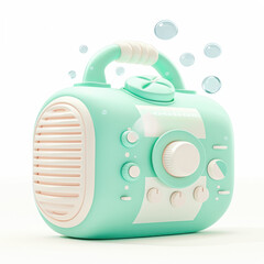 Stylish mint green radio with buttons, bubbles around, on a white isolated background.