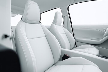 a white front seat of Cheap and economical car on empty white surface mockup,with a Detachable seat headrest