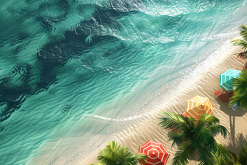 Aerial View of Tropical Beach with Turquoise Ocean, Palm Trees, and Colorful Umbrellas, Ideal for Travel Advertising and Vacation Escape