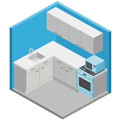 Modern kitchen design featuring flat minimal style with appliances and cabinets vector illustration