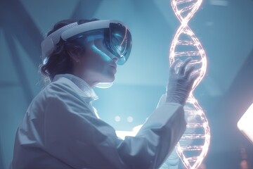 The female scientist wears an AR headset, examining a DNA model that lights up with holographic brilliance. Female scientist wearing an AR headset interacting with a holographic DNA structure.