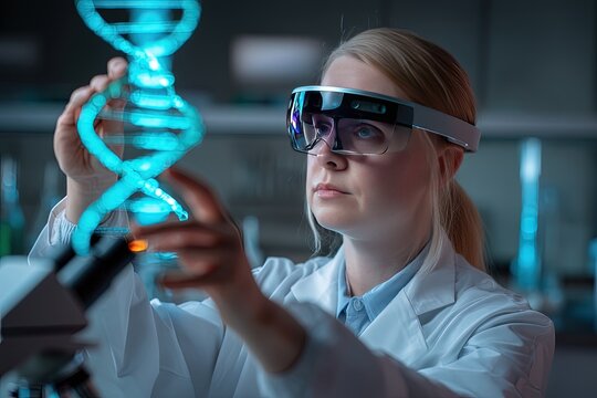 Female scientist wearing an AR headset interacting with a holographic DNA structure. A female scientist explores a DNA model using augmented reality, showcasing innovation in genetic research.