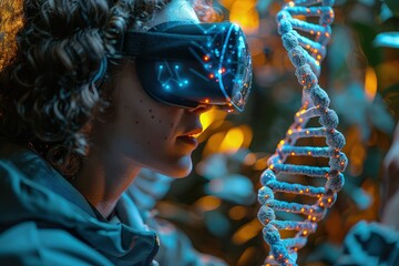Woman wearing an AR headset interacting with a holographic DNA structure. The scientist's gaze is fixed on the holographic DNA, envisioning a brighter future for humanity.