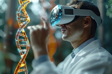 Man wearing an AR headset interacting with a holographic DNA structure. In the realm of virtual reality, the scientist dives deep into the intricate patterns of DNA.
