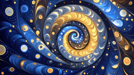 Abstract swirling blue and gold patterns resembling cosmic or fluid dynamics. Whimsical Patterns. Illustration
