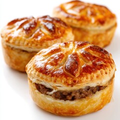 Close view of golden brown meat pies isolated on white background