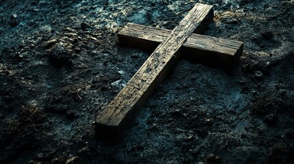 Wooden cross lying on dark and textured ground surface in dim lighting conditions creating a somber mood