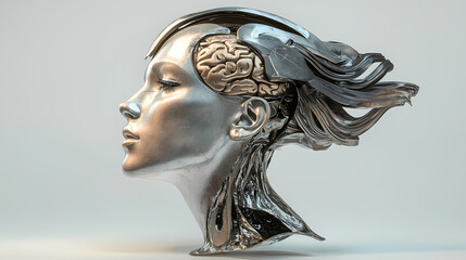 Sure, here is a description for the image: 3d illustration of a cyborg woman's head with a metallic brain exposed. Singularity Blade. Illustration