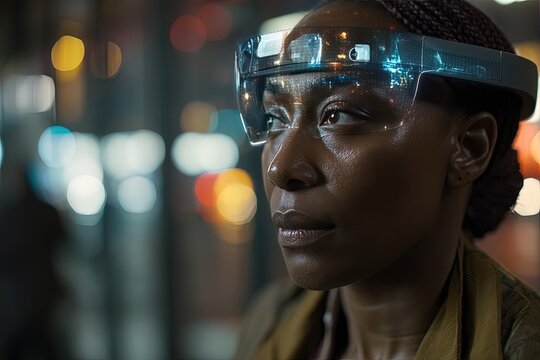 The future is already here. Young woman wearing augmented reality glasses. The young woman is at the forefront of technology, using AR glasses to enhance her reality.