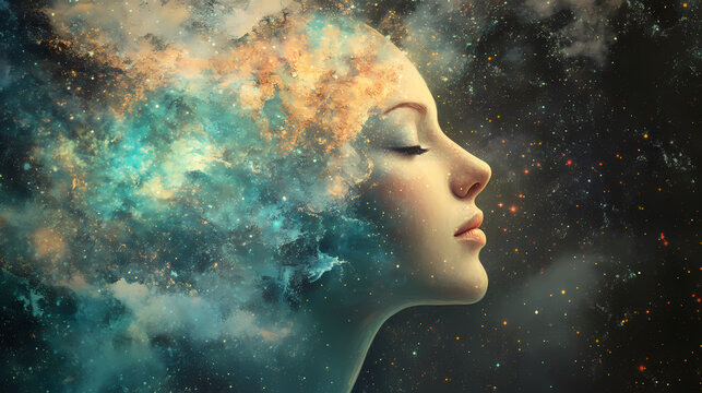 Stellar visage infusion: abstract exploration of identity and existence. Astral Infused. Illustration
