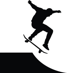 Skateboarder Mid-Trick Silhouette in Urban Style - Black and White Vector Illustration