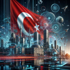Futuristic cityscape with Turkish flag and holographic elements