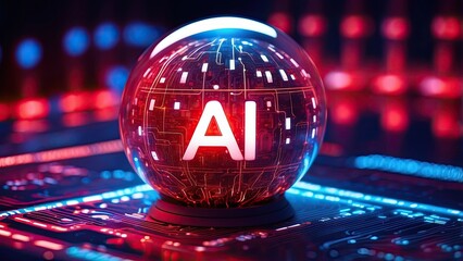 A glowing orb with the letters AI illuminated in bright red and white sits atop a circuit board pattern