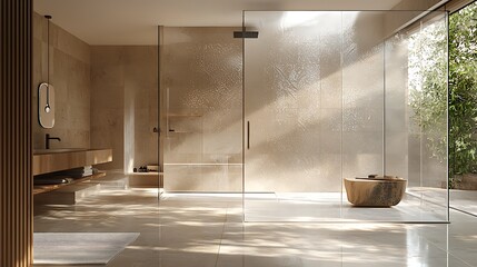 Unique wave pattern etched glass shower feature high resolution picture