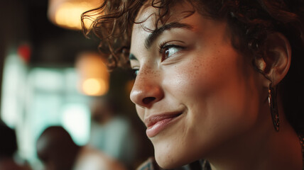 Obraz premium A thoughtful woman with curly hair and freckles, smiling softly while looking off into the distance in a restaurant.
