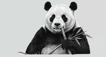 Panda eating bamboo against a minimalistic background  