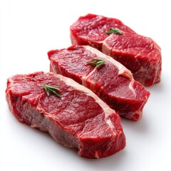 Obraz premium Close up view of three raw steaks with rosemary isolated on white background