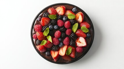   A bowl full of red, purple and blue berries and fresh mint leaves placed on a white background