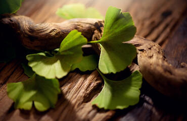 Gingko Biloba tree leaf on wooden background. Ginkgo fresh leaves, Herbal medicine. Herbs. Alternative medicine concept, art design. Nature background. Top view, flat lay. 