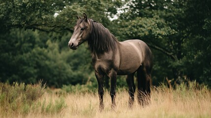 Fototapeta premium High-quality image of a beautiful draught horse, showcasing its strong build, elegant stance, and flowing mane. Perfect for themes related to rural life, farming, equestrian beauty, strength.